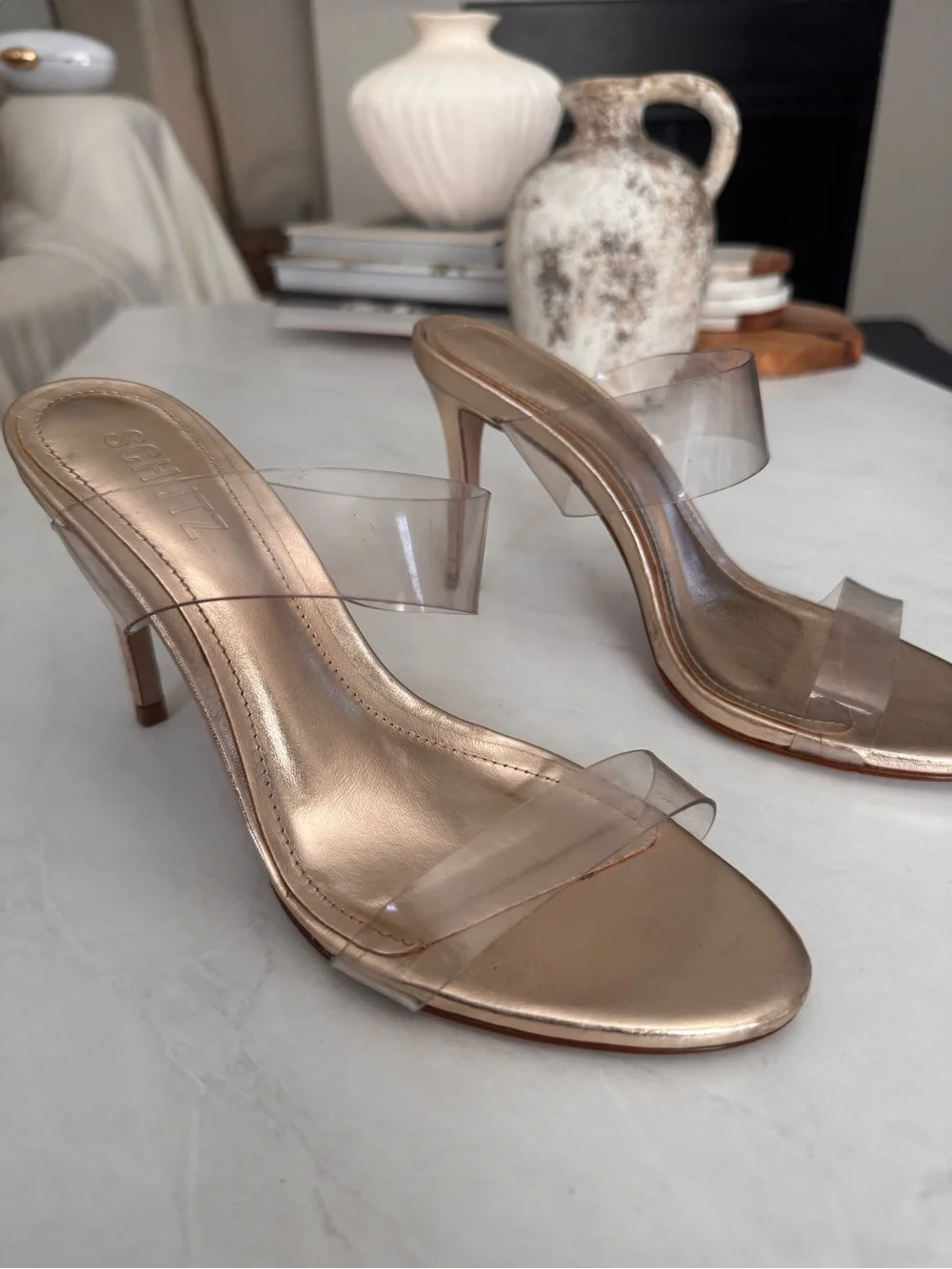SCHUTZ Ariella Clear-Strap High Heel Sandals in Gold